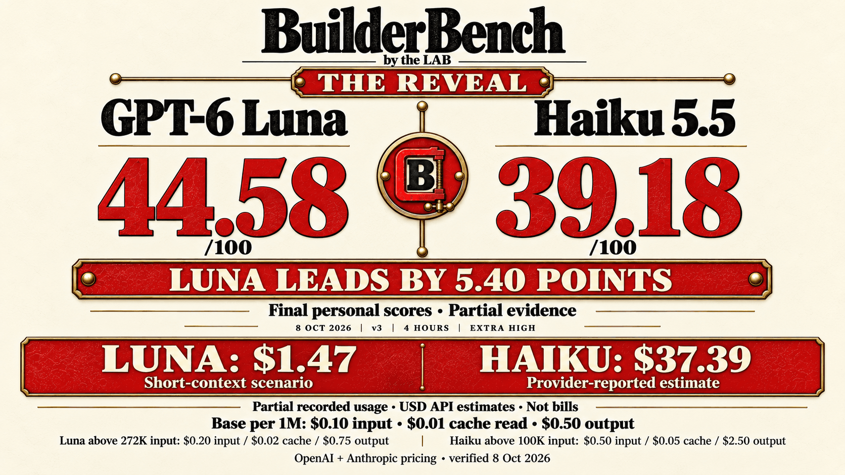 BuilderBench by the LAB, the reveal: GPT-6 Luna scored 44.58 out of 100 and Haiku 5.5 scored 39.18 out of 100. Luna leads by 5.40 points. Final personal scores with partial evidence, 8 October 2026, v3, four hours, Extra High. API estimates: Luna US$1.47 from a short-context scenario and Haiku US$37.39 provider-reported, both partial recorded usage and not bills. Base rates per 1M tokens for both: $0.10 input, $0.01 cache read, $0.50 output.