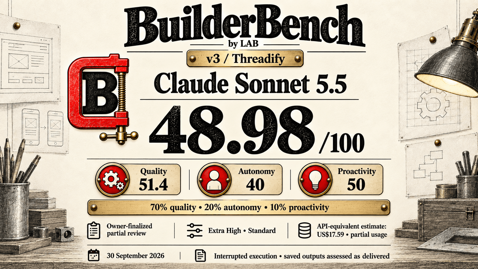 BuilderBench v3 result: Sonnet 5.5 with Claude scored 48.98 out of 100 (quality 51.4, autonomy 40, proactivity 50) in an owner-finalized partial review. API-equivalent estimate US$17.59, partial usage.